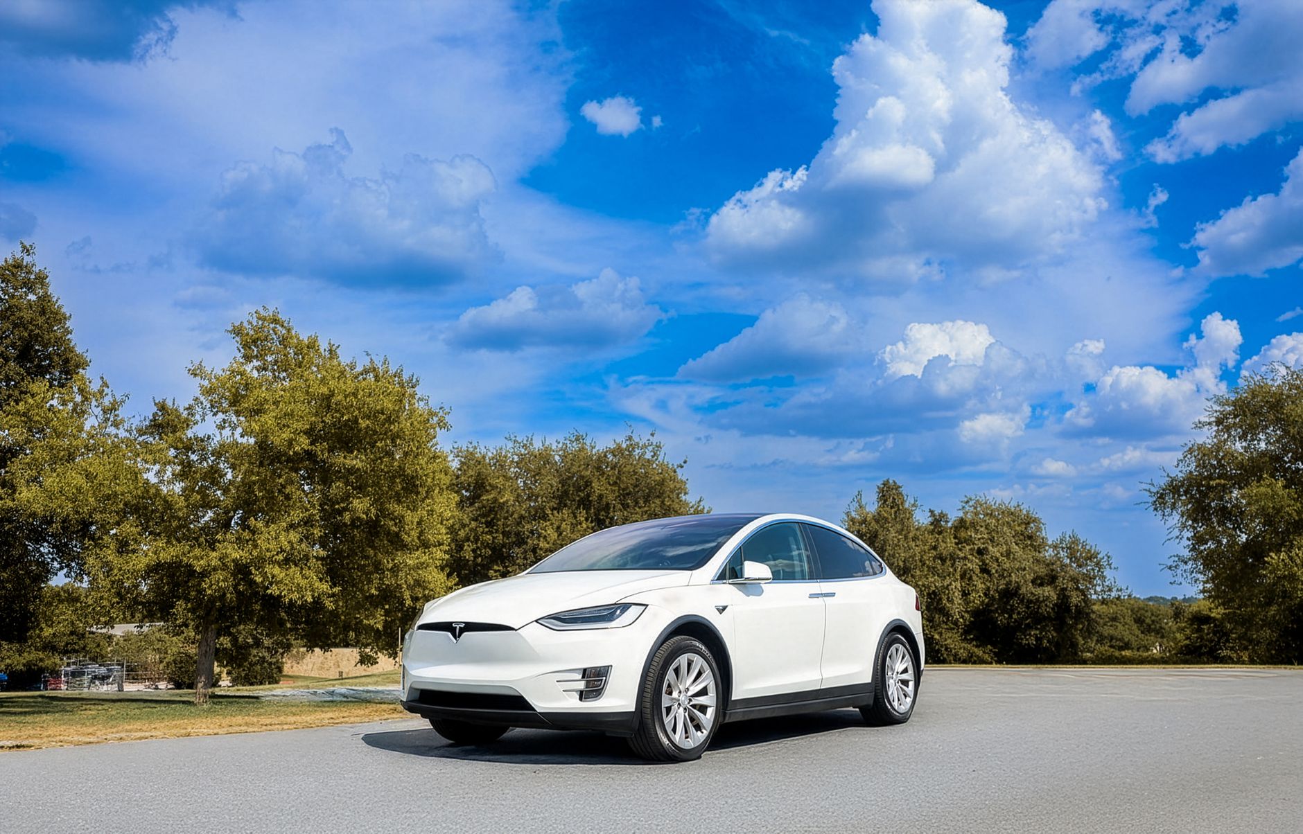 Biały elektryczny Hyundai Ioniq 5 zaparkowany wśród zieleni pod błękitnym niebem